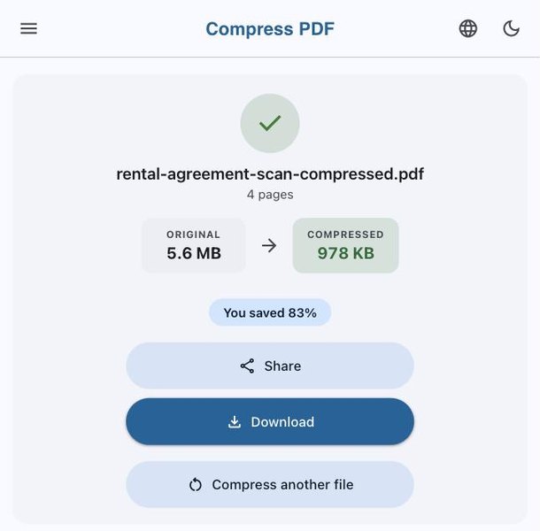 Compressed PDF result showing the size saved