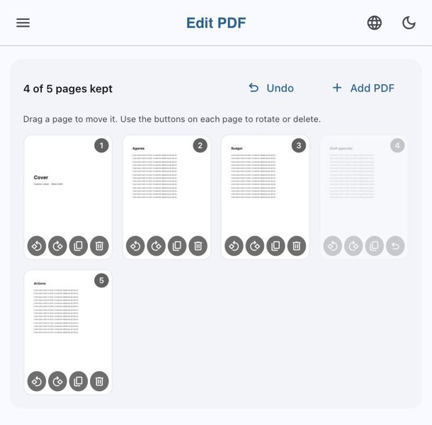 PDF-Seiten als Vorschau-Thumbnails, eine Seite entfernt
