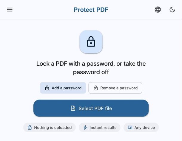 Protect PDF tool with add and remove password options