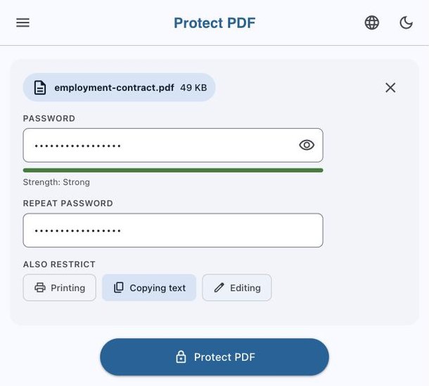Setting a PDF password with a strength meter
