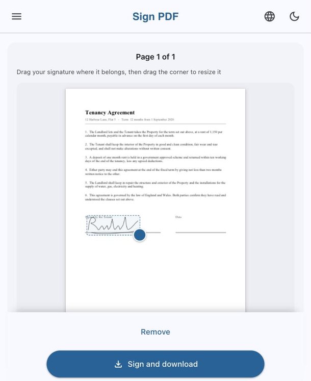 Dragging a signature onto the signature line of a PDF